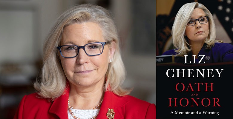 Liz Cheney publicity headshot photo and book cover image of "Oath and Honor: A Memoir and a Warning"