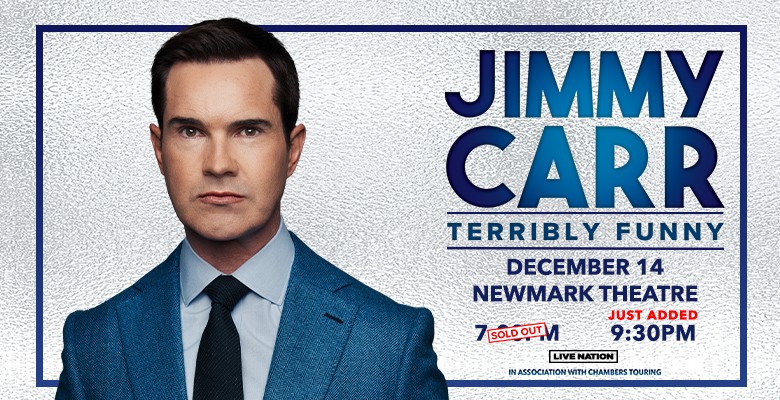 Photo of Jimmy Carr wearing a suit with name, tour name, date, venue in text