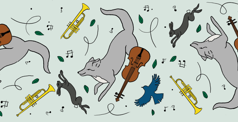 illustration of foxes, birds and instruments atop a light green background