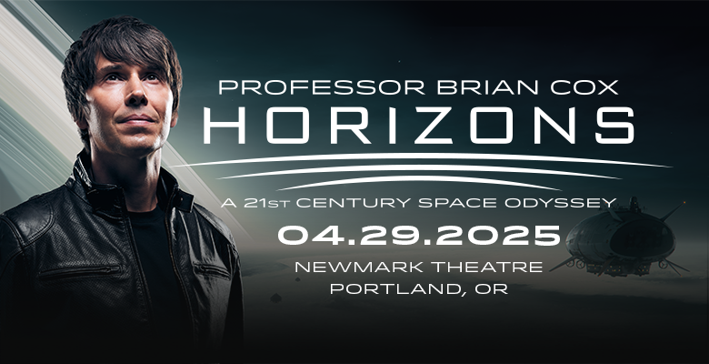 A photo of Professor Brian Cox and text overlay reading: Horizons. A 21st Century Space Odyssey with Professor Brian Cox