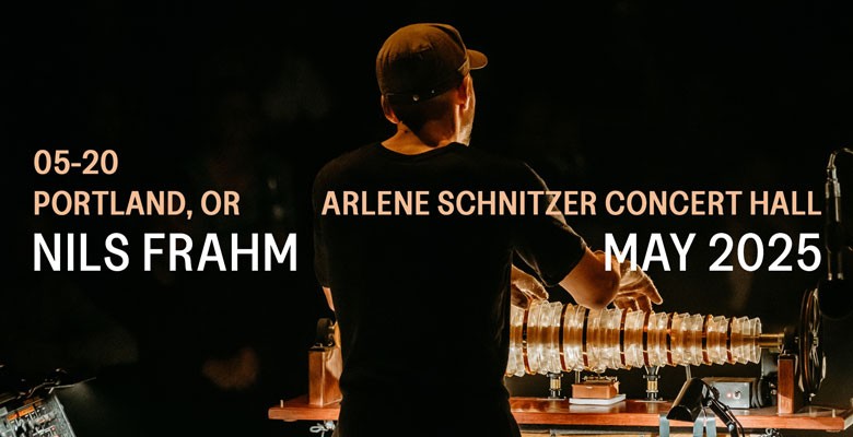 A photo of Nils Frahm, his back to the camera, playing a glass harmonica before a live audience