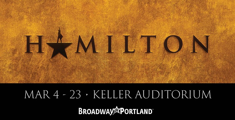 Graphic of a star with the top point replaced by a man in a long coat pointing up. Text reads "Hamilton - March 4-23"