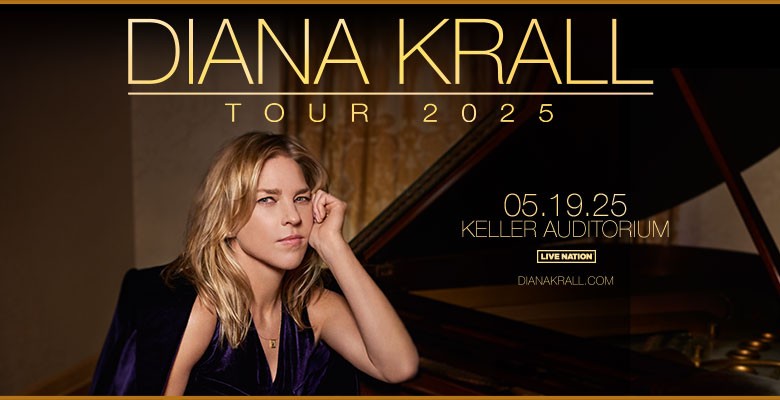 Photo o Diana Krall sitting at piano with name and tour info in text