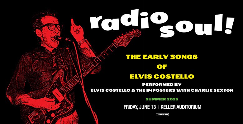 Image of Elvis Costello holding guitar singing into microphone + title text