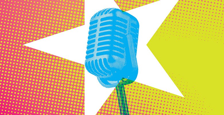 Image of blue microphone with white star behind it on background gradient of magenta, orange and yellow