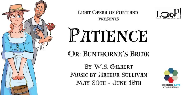 Hand drawn art of characters in the play Patience with text reading Patience or Bunthorne's Bride