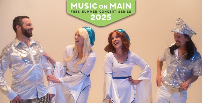Members of Band After Midnight dressed as ABBA laughing before a cool background. The Music on Main logo is at the top.