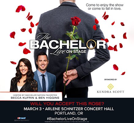 The Bachelor Live on Stage title art with rose and photo of hosts