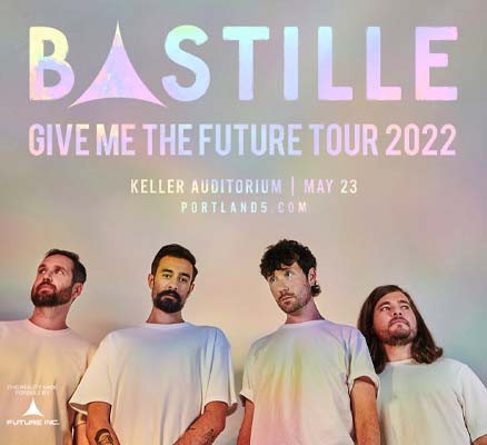 Portrait of Bastille members on a tie-dye background with tour name superimposed.