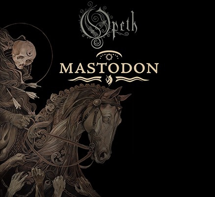 Opeth and Mastodon logos over an illustration of a skeleton warrior riding a horse.