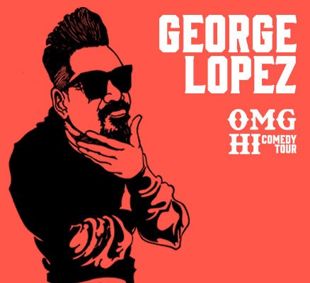 Illustration of George Lopez on red background featuring the event date.