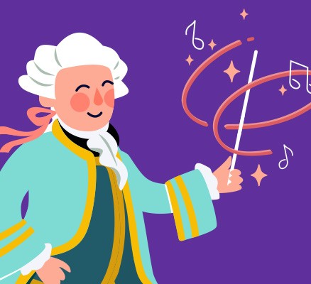 The Magic of Mozart illustration of Mozart with conductor's wand
