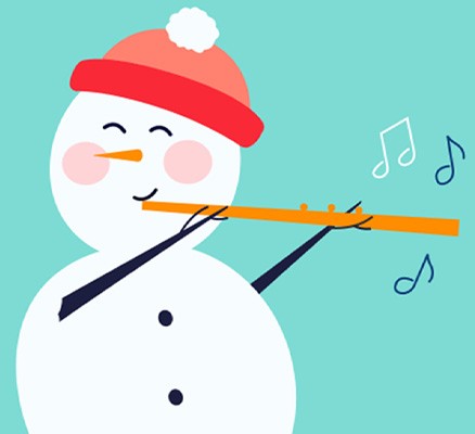 Cartoon illustration of a snowman playing a flute.