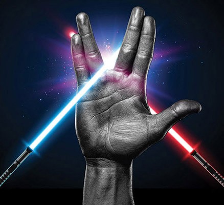 Illustration of vulcan "V" hand gesture with light sabers.