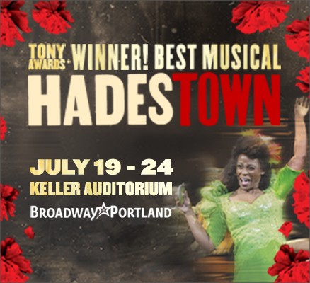 Hadestown title art image with actor and red flowers