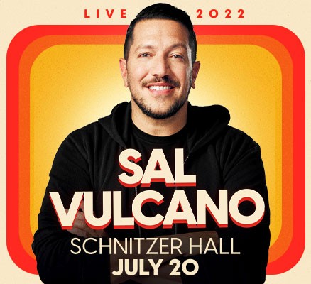 Photo of Sal Vulcano over a retro background with text: Live 2023-Schnitzer Hall