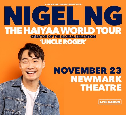 Nigel Ng image w/ photo headshot of Nigel and name, tour info in text on orange