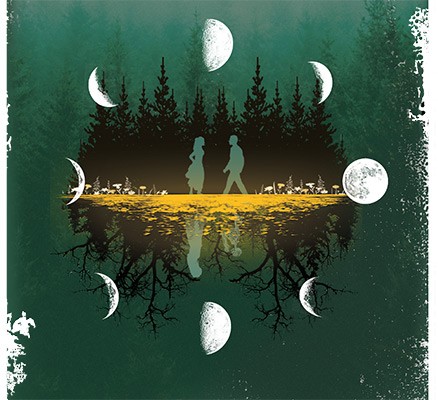 Rusalka art image: forest meadow scene with two human inverted silhouettes
