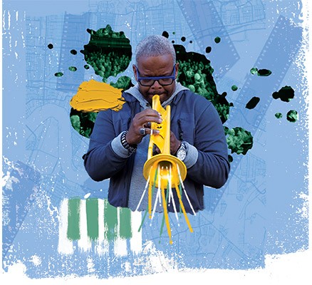 Art image and photo of Terence Blanchard playing trumpet