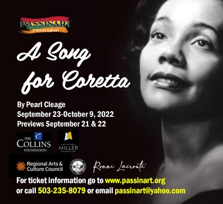 A Song for Coretta event flyer with black and white photo of Coretta and text