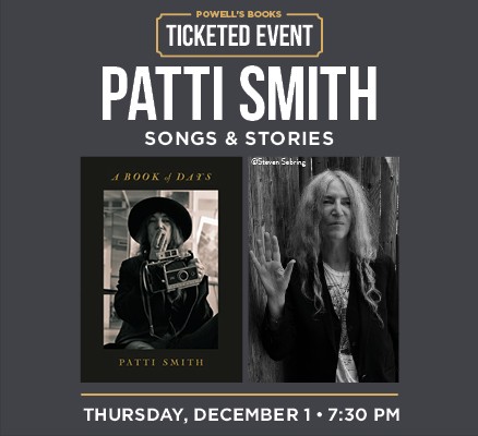 Patii Smith photo and Book of Days cover image with event info in text