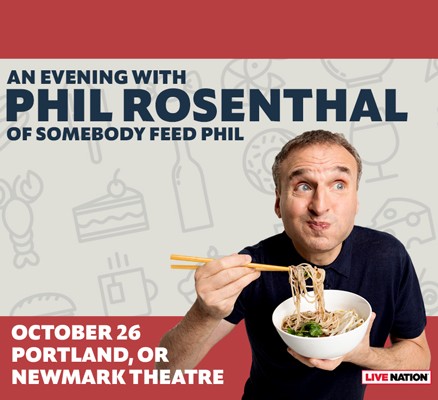 Photo of Phil Rosenthal eating ramen with chop sticks from a bowl he is holding