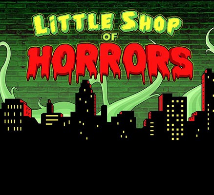 Little Shop of Horrors title art of cityscape at night with plant tentacles