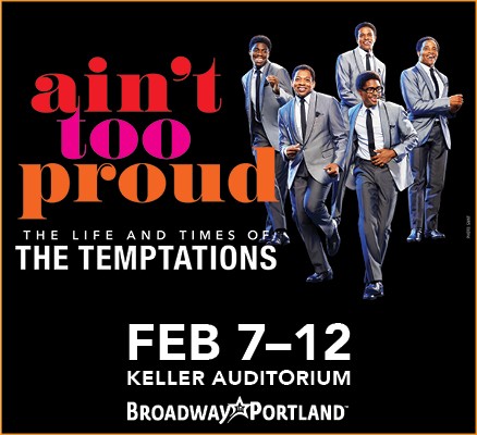 Ain't Too Proud title art image of The Temptations singers with stylized title