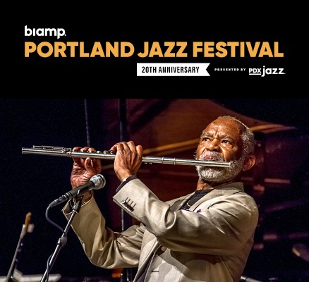 Photo of Hubert Laws playing flute with info in text- Festival title logo