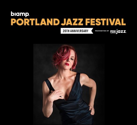 Photo of Storm Large in a black gown with info in text