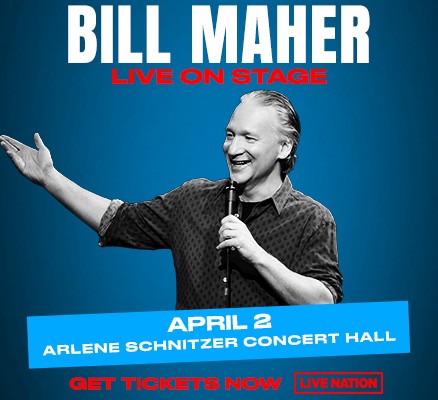 Photo of Bill Maher holding microphone performing with show/tour info in text