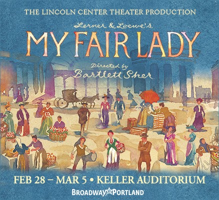 My Fair Lady title art image: illustration of people in a town setting