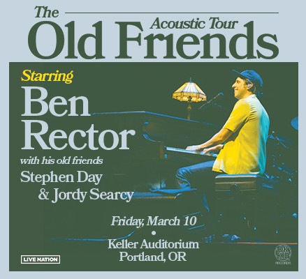 Ben Rector tour image with photo of Ben playing piano on stage + text info