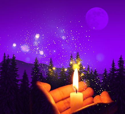 PGMC Light the Way Home image of hands holding a burning candle with sparkles