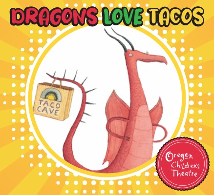Title art + a dragon with a bag hanging on its tail with text on it: Taco Cave