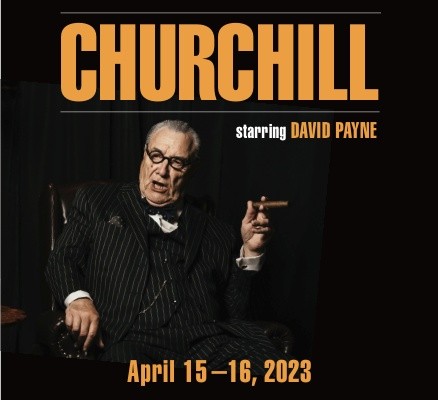 Churchill image of David Payne on stage as Winston Churchill
