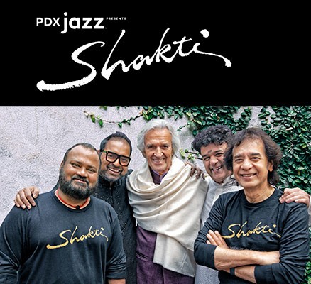 Photo of Shakti members huddled together with PDX Jazz and Shakti logos at top