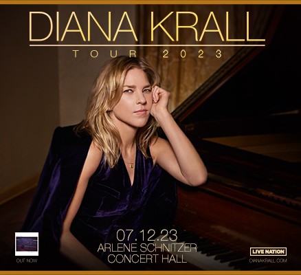 Photo o Diana Krall sitting at piano with name and tour info in text