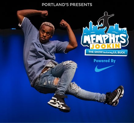 Photo of Lil Buck dancing, posing in mid-air, with show title in stylized text