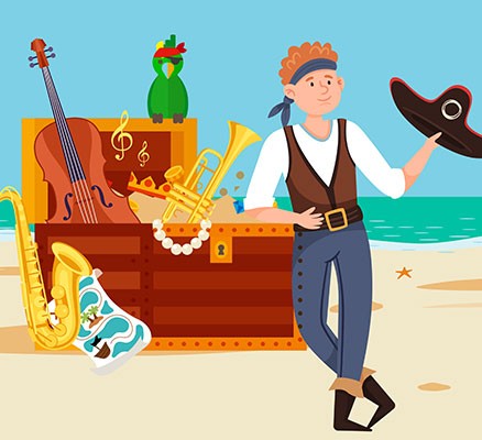 Illustration of pirate with his treasure box on an island