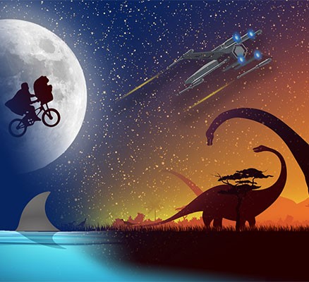 Photo of dinosaurs and a person riding a bike across the moon