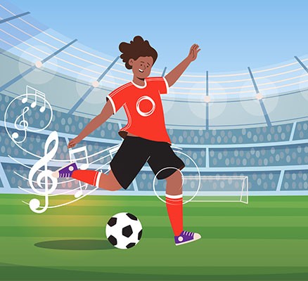 Illustration of child soccer player about to kick ball on the pitch in a stadium