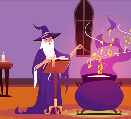 Illustration of wizard waving wand, creating spell over couldron