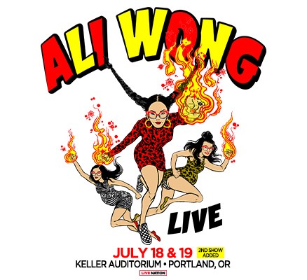 Cartoon illustration of Ali Wong as superhero with stylized text: Ali Wong Live 