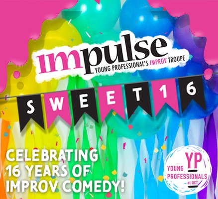 OCT Impulse Sweet 16 image of colorful balloons and party banner with title text