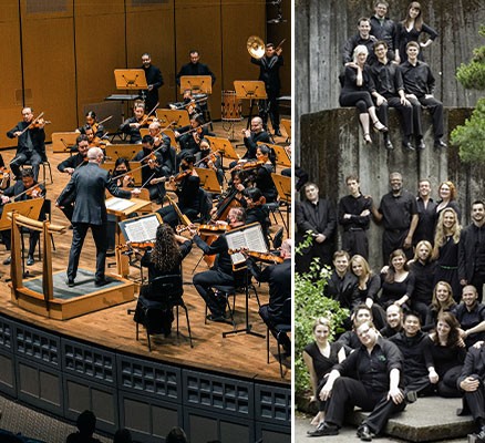 Photo of Oregon Symphony musicians performing & PSU Choir members