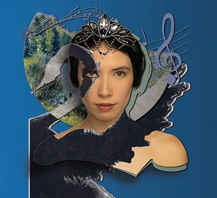 Swan Lake collage image of female with tiara, a black bird wing, musical note