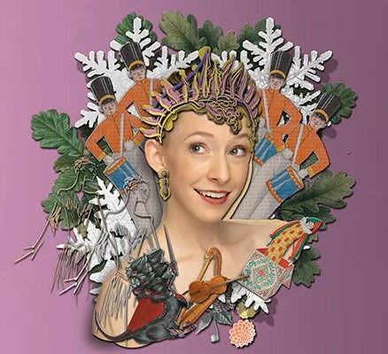 Collage image of sugarplum fairy, nutcrackers, snowflakes, wreath