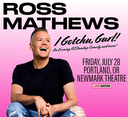 Photo of Ross Mathews seated, smiling with name, tour, date and venue in text