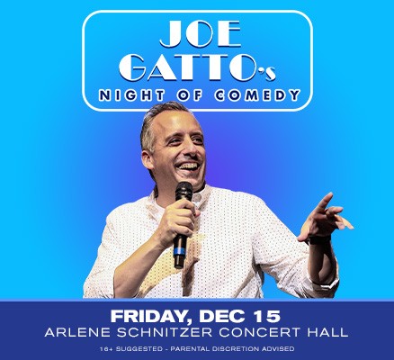 Photo of Joe Gatto holding mircrophone performing with name, date, venue in text